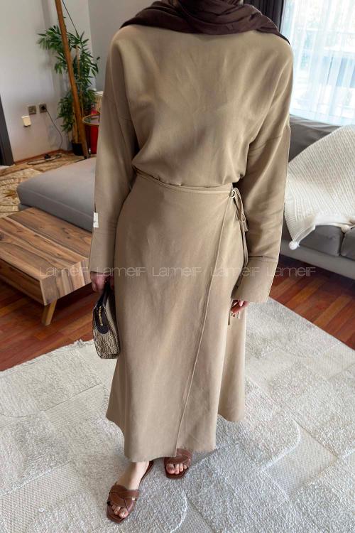 Lamelif Eteği Bağlama Detaylı Takım Bej