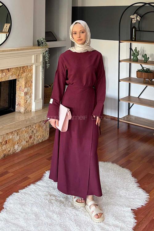 Lamelif Eteği Bağlama Detaylı Takım Mürdüm