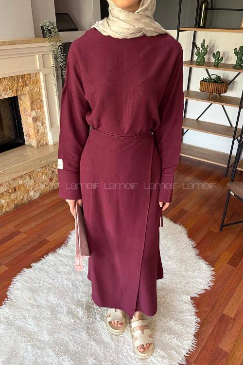 Lamelif Eteği Bağlama Detaylı Takım Mürdüm