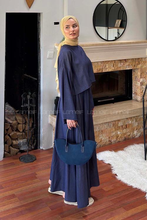 Lamelif Etekli Tesettür Takım Koyu Mavi