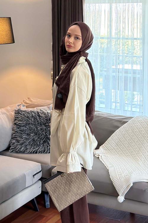 Lamelif Fırfırlı Bağlama Detaylı Gömlek Bej