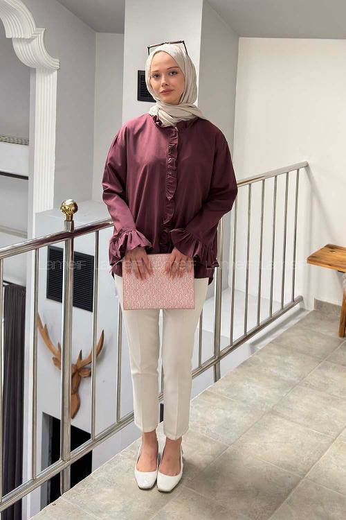 Lamelif Fırfırlı Gömlek Mürdüm