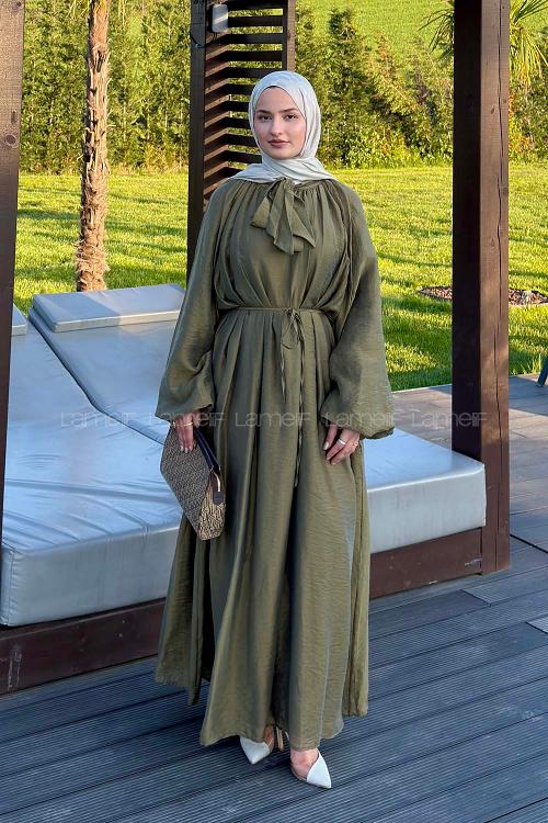 Lamelif Fular Yaka Bağlamalı Tesettür Elbise Yağ Yeşili