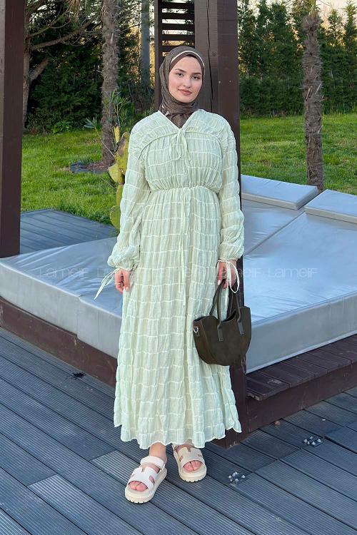 Lamelif Gofreli Bağcık Detaylı Tesettür Elbise Mint Yeşili