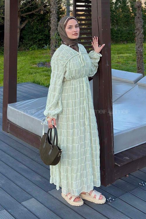 Lamelif Gofreli Bağcık Detaylı Tesettür Elbise Mint Yeşili
