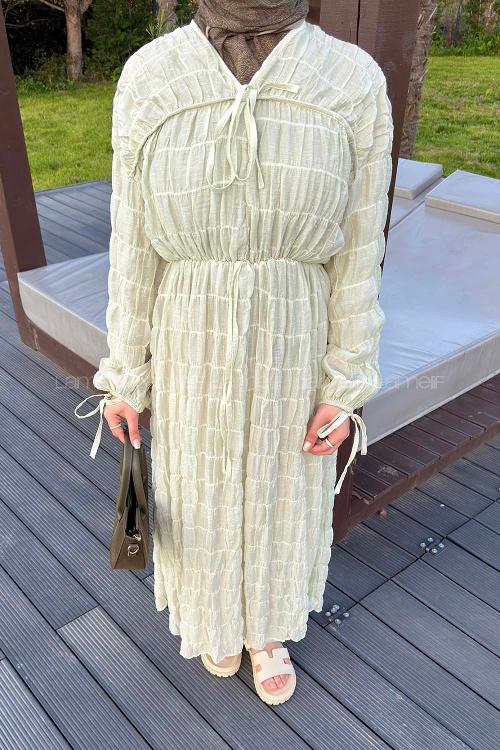 Lamelif Gofreli Bağcık Detaylı Tesettür Elbise Mint Yeşili