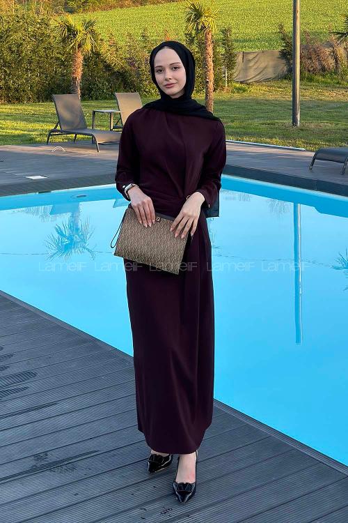 Lamelif Gold Toka Detaylı Drapeli Elbise Mürdüm