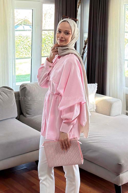 Lamelif Hakim Yaka Pelerinli Gömlek Pembe