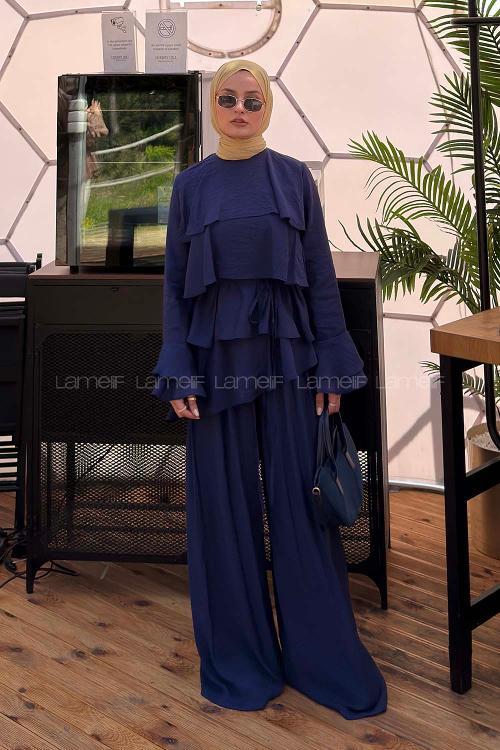 Navy Blue Crew Neck Long Arm Cotton Regular Trousers Comfortable Suit