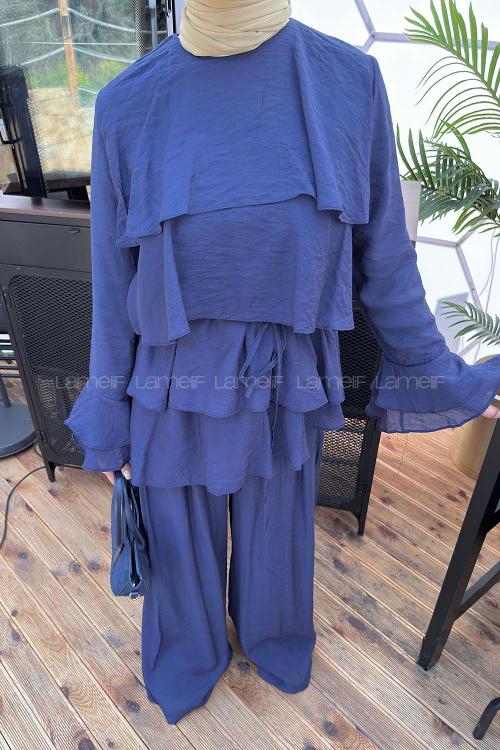 Navy Blue Crew Neck Long Arm Cotton Regular Trousers Comfortable Suit