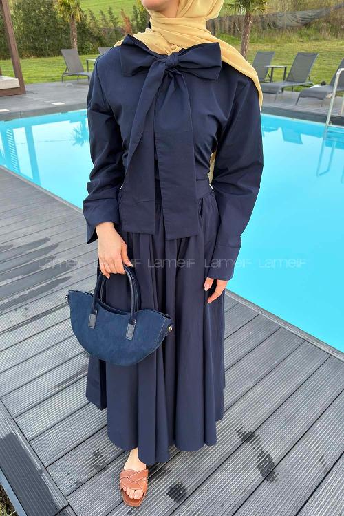 Lamelif Kravat Yaka Tesettür Takım Lacivert