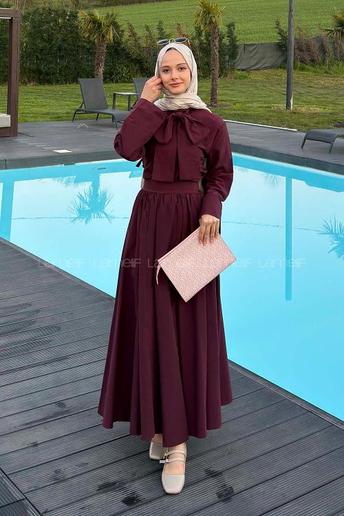 Lamelif Kravat Yaka Tesettür Takım Mürdüm