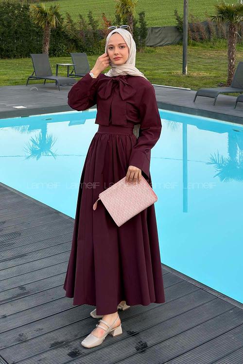 Lamelif Kravat Yaka Tesettür Takım Mürdüm