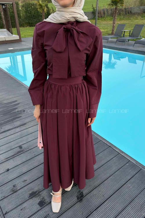 Lamelif Kravat Yaka Tesettür Takım Mürdüm