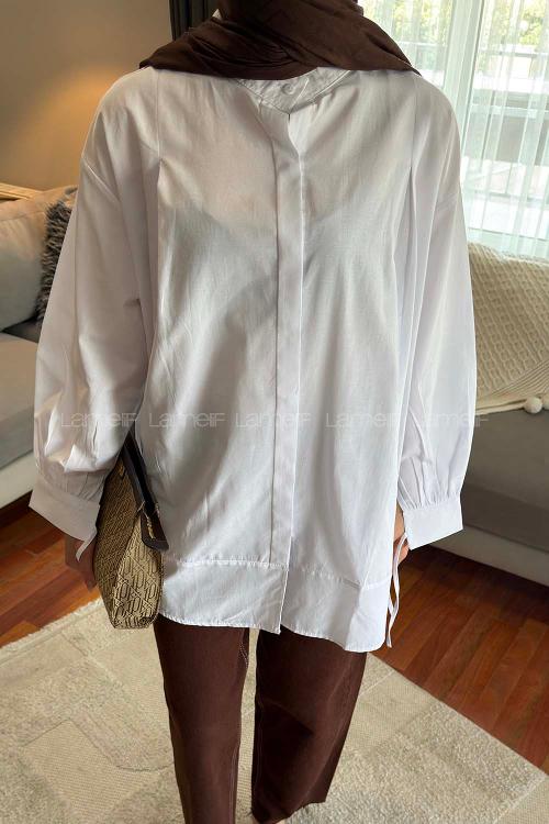 Lamelif Manşeti Biyeli Tunik Beyaz