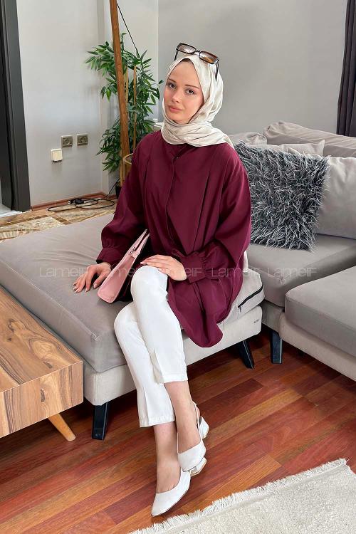 Lamelif Manşeti Biyeli Tunik Bordo