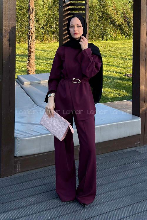 Lamelif Ön Kapama Detaylı Pantolonlu Takım Mürdüm