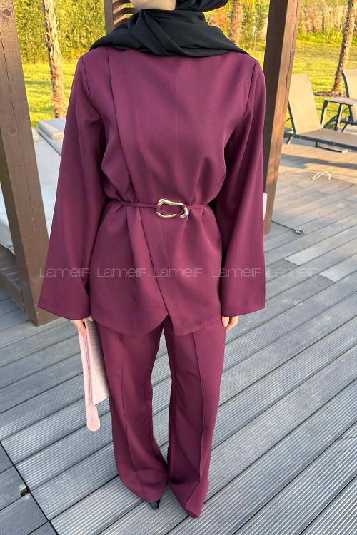 Lamelif Ön Kapama Detaylı Pantolonlu Takım Mürdüm