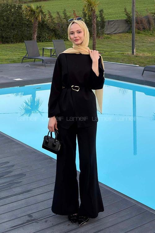 Lamelif Ön Kapama Detaylı Pantolonlu Takım Siyah