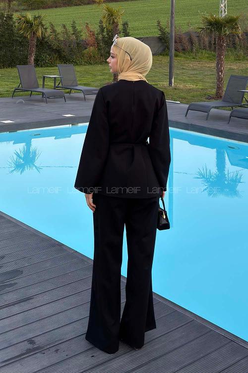 Lamelif Ön Kapama Detaylı Pantolonlu Takım Siyah