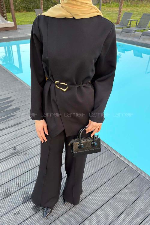 Lamelif Ön Kapama Detaylı Pantolonlu Takım Siyah