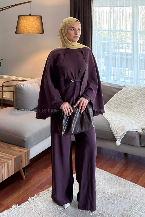 Lamelif Pelerinli Pantolonlu Takım Mürdüm