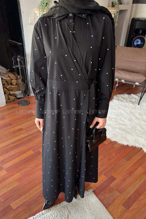 Black Shirt Collar Cotton Unprinted Dresess