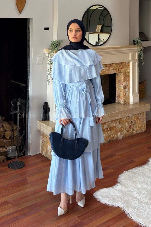 Lamelif Volanlı Bağlamalı Tesettür Elbise Bebe Mavisi