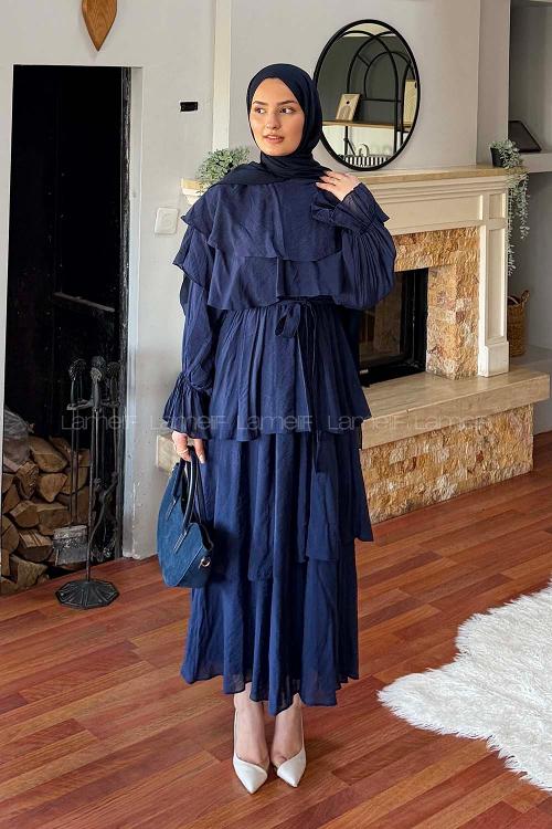 Lamelif Volanlı Bağlamalı Tesettür Elbise Lacivert