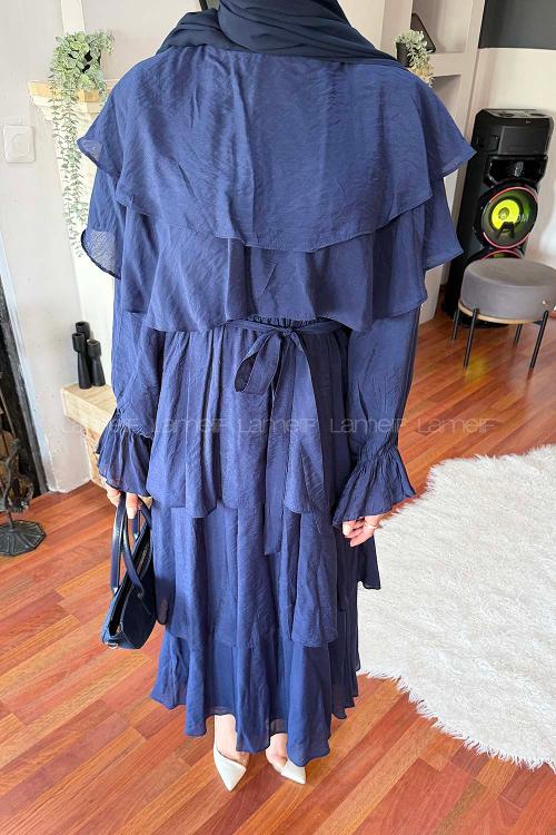 Lamelif Volanlı Bağlamalı Tesettür Elbise Lacivert