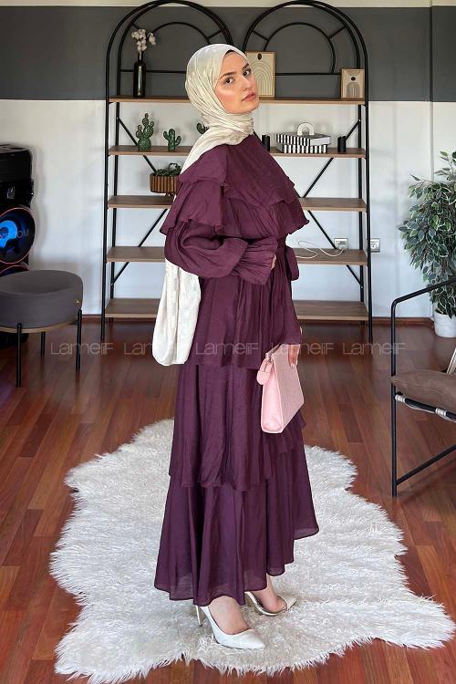 Lamelif Volanlı Bağlamalı Tesettür Elbise Mürdüm