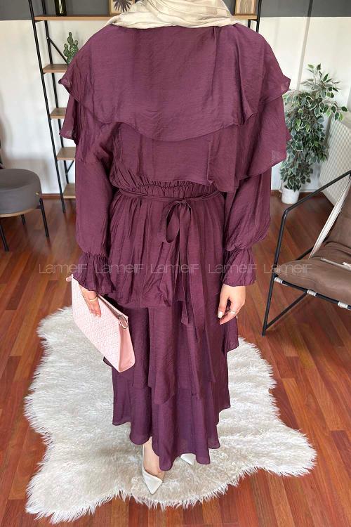 Lamelif Volanlı Bağlamalı Tesettür Elbise Mürdüm