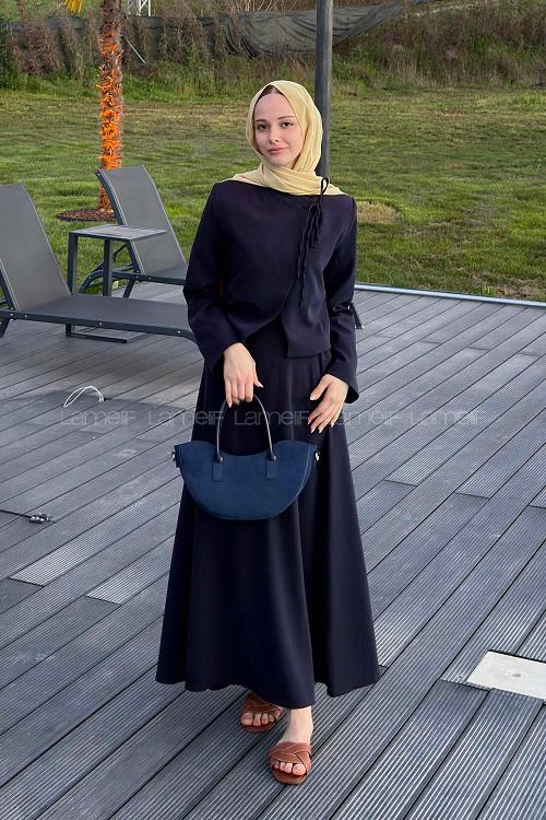 Lamelif Yaka Bağlama Detaylı Ceket-Etek Takım Lacivert