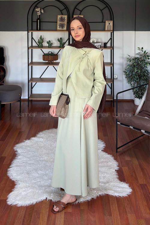 Lamelif Yaka Bağlama Detaylı Ceket-Etek Takım Mint Yeşili