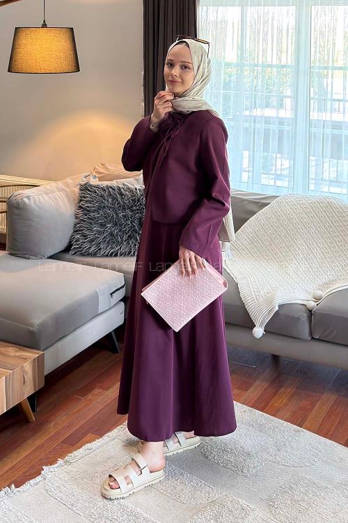 Lamelif Yaka Bağlama Detaylı Ceket-Etek Takım Mürdüm