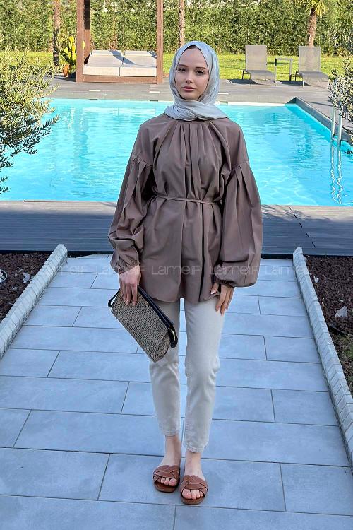 Lamelif Yaka Fular Detaylı Gömlek Soft Kahve