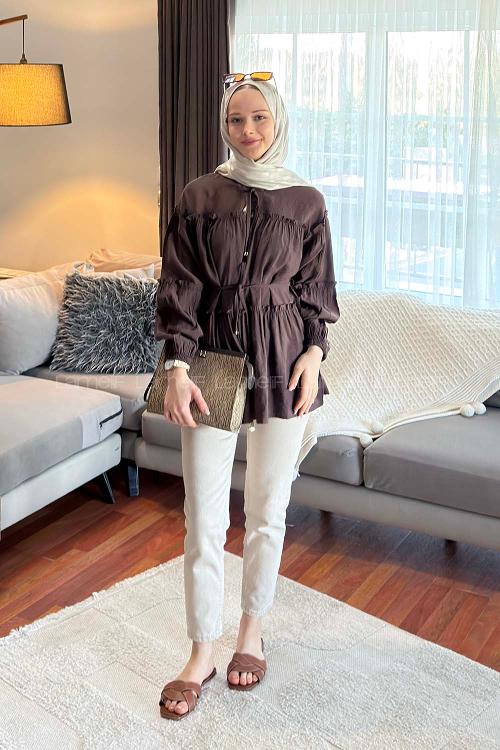 Lamelif Yaka ve Bel Bağlama Detaylı Tunik Acı Kahve