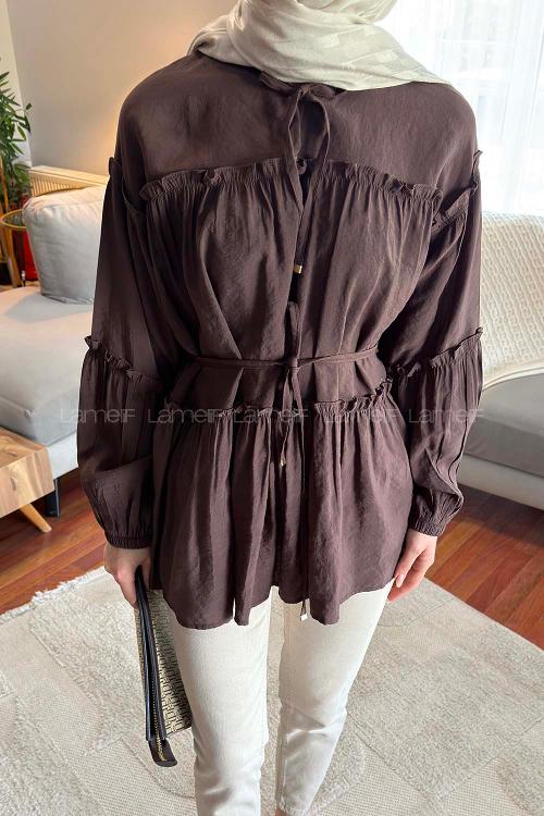 Lamelif Yaka ve Bel Bağlama Detaylı Tunik Acı Kahve