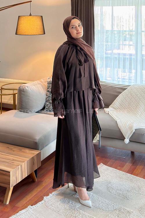 Lamelif Yakası Bağlama Detaylı Etekli Takım Acı Kahve