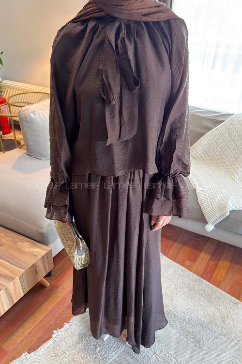 Lamelif Yakası Bağlama Detaylı Etekli Takım Acı Kahve