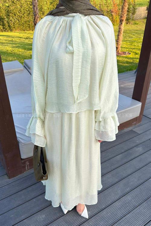 Lamelif Yakası Bağlama Detaylı Etekli Takım Mint Yeşili