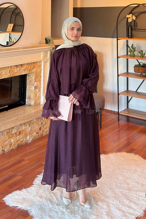 Lamelif Yakası Bağlama Detaylı Etekli Takım Mürdüm