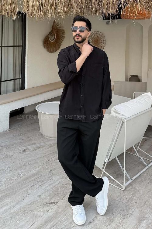 Lamelif Çizgi Detaylı Gömlek Siyah