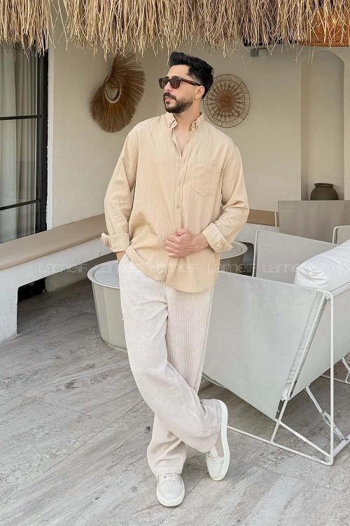 Lamelif Çizgi Detaylı Gömlek Sütlü Kahve