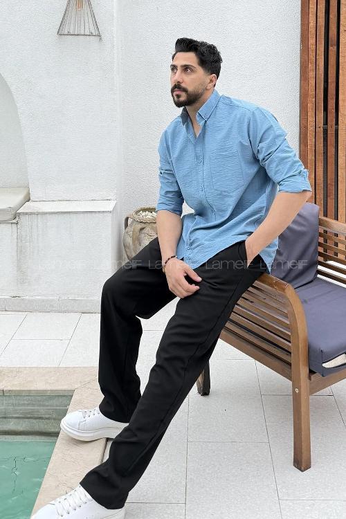 Lamelif Kraşlı Gömlek Mavi