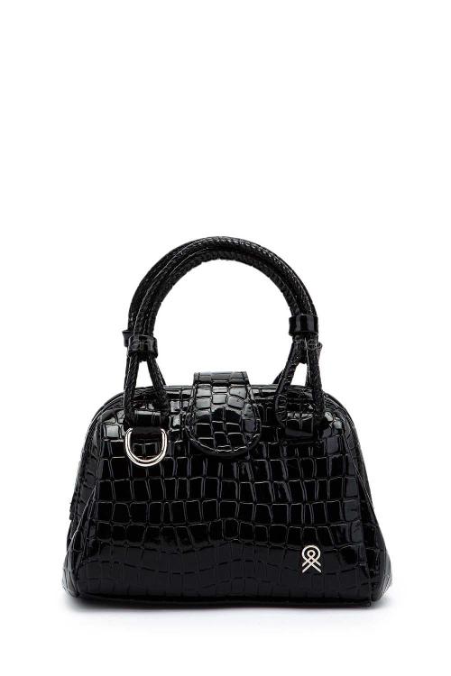 Lamelif Kroko Desenli Burslu Mekanizmalı Omuz Çantası Kadın Rugan Siyah