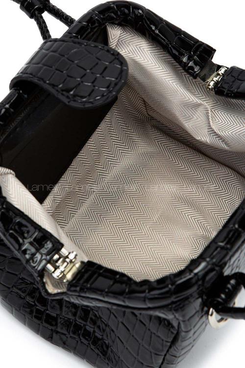 Lamelif Kroko Desenli Burslu Mekanizmalı Omuz Çantası Kadın Rugan Siyah