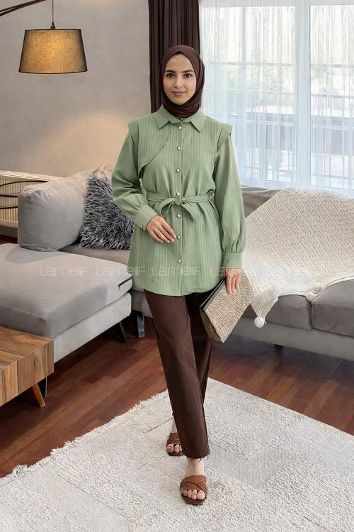 Lamelif Lamelif Vatkalı Yarım Pelerinli Gömlek Çağla Yeşili