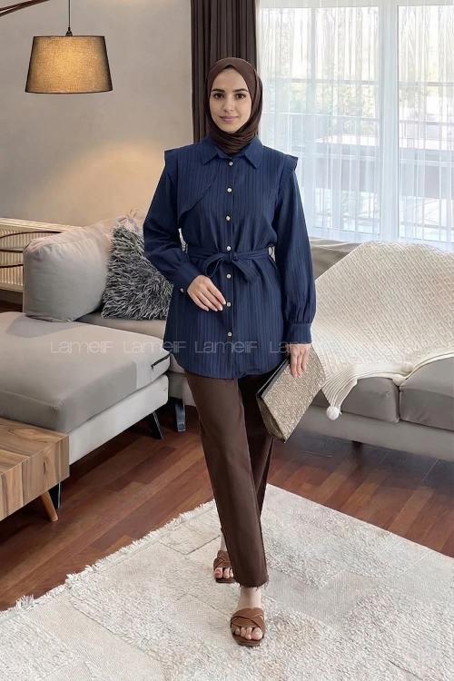 Navy Blue Shirt Collar Long Arm Cotton Shirt