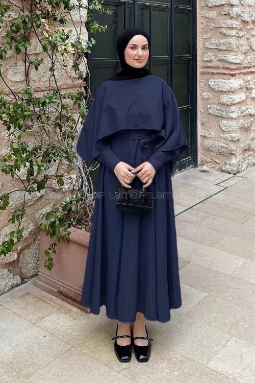 Lamelif Pelerin Detaylı Elbise Lacivert